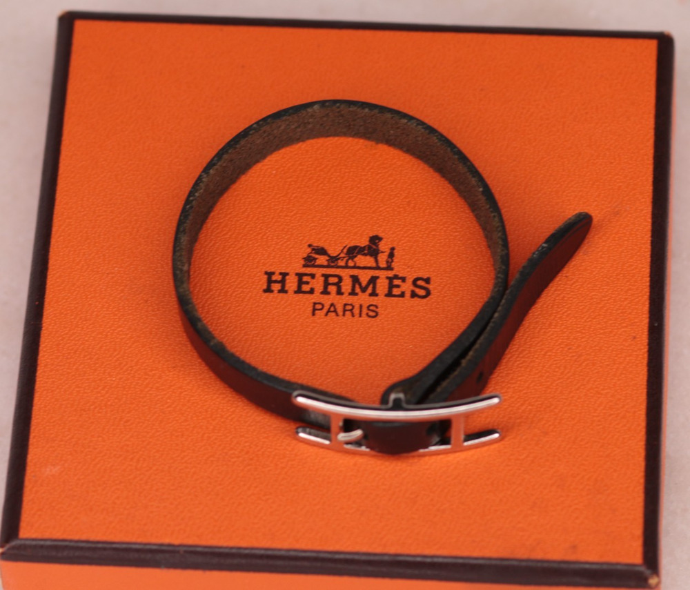 Hermes Behapi Double Tour Leather Bracelet Black with Silver Hardware